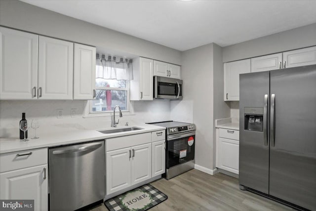 kitchen with sink, white cabinetry, light hardwood / wood-style flooring, appliances with stainless steel finishes, and backsplash