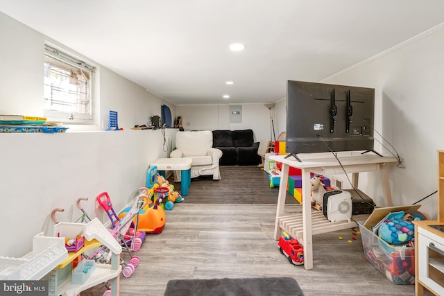 rec room with ornamental molding, hardwood / wood-style floors, and electric panel