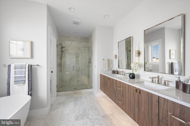 bathroom featuring vanity and plus walk in shower