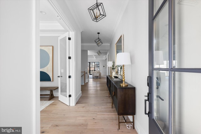 hallway featuring crown molding and light hardwood / wood-style floors