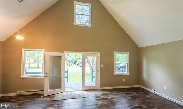 doorway featuring a baseboard radiator, high vaulted ceiling, and dark hardwood / wood-style floors