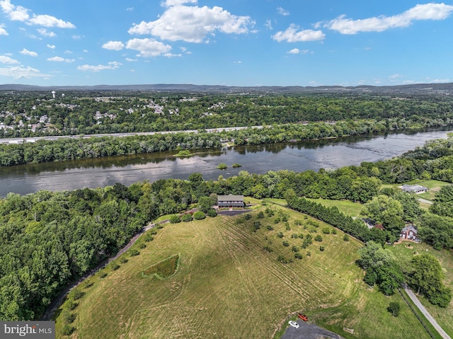 drone / aerial view featuring a water view and a wooded view