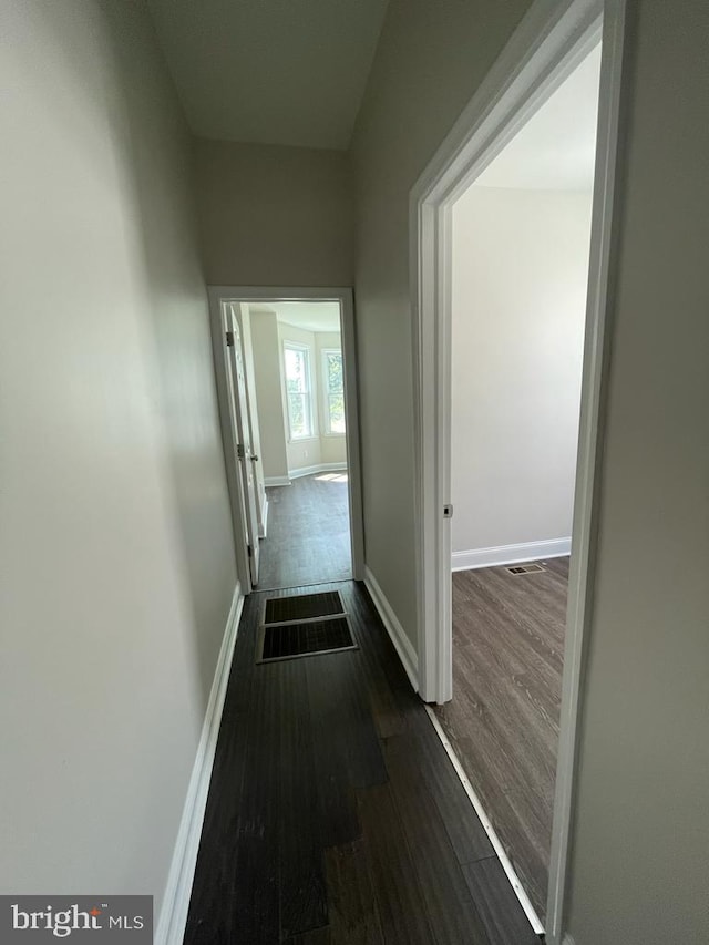 corridor featuring dark wood-type flooring