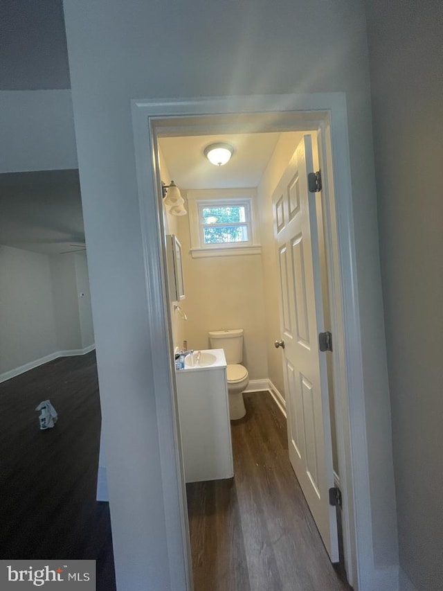 bathroom with vanity, hardwood / wood-style flooring, and toilet