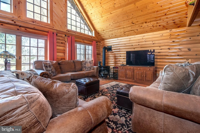 living room featuring high vaulted ceiling, wood ceiling, wood finished floors, and a wood stove