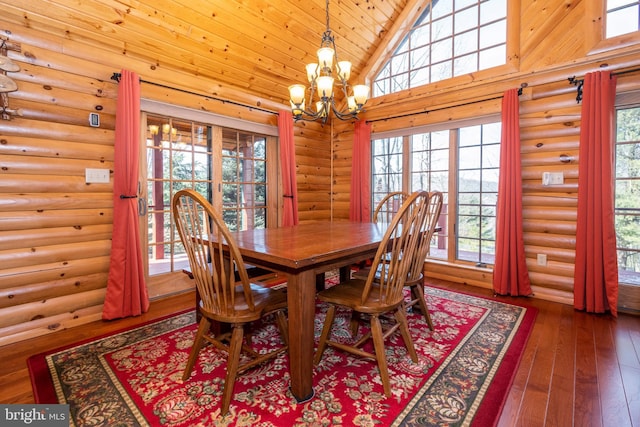 dining room with hardwood / wood-style floors, wood ceiling, a chandelier, and high vaulted ceiling