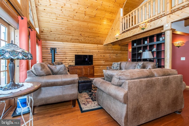 living room featuring log walls, wood ceiling, wood-type flooring, and high vaulted ceiling