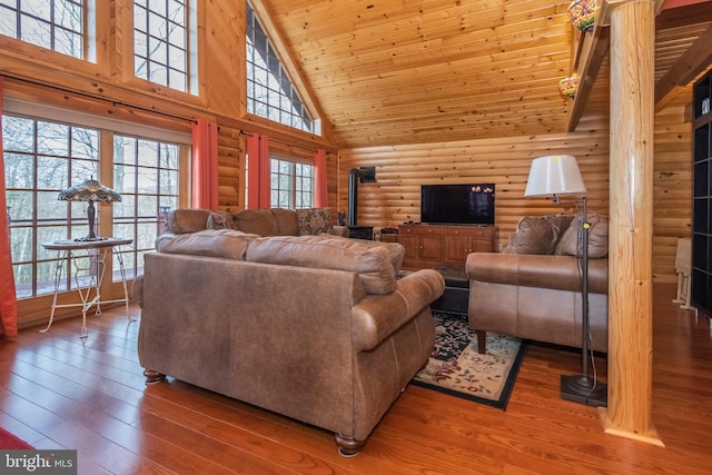 living room with wood finished floors, high vaulted ceiling, wooden ceiling, and a wood stove