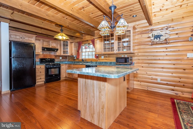 kitchen with under cabinet range hood, black appliances, wooden ceiling, and dark wood finished floors