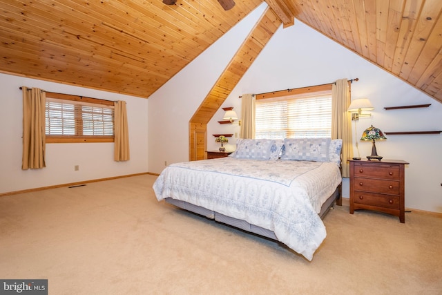 bedroom featuring carpet flooring, multiple windows, wooden ceiling, and lofted ceiling with beams