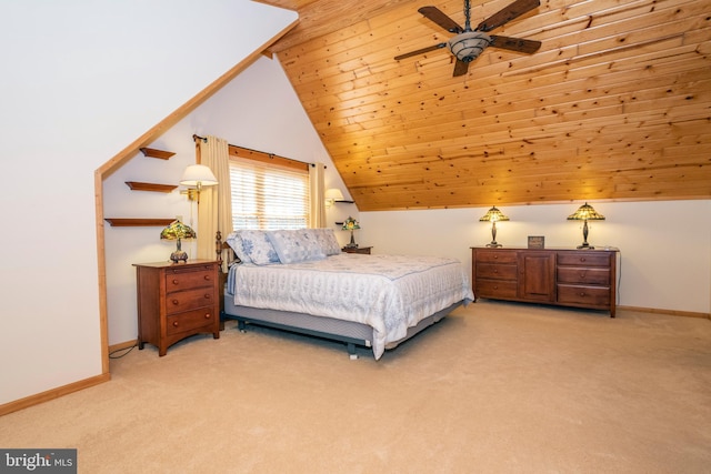 bedroom with baseboards, wooden ceiling, carpet flooring, and vaulted ceiling