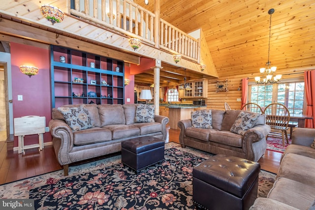 living room with a chandelier, log walls, wood ceiling, and hardwood / wood-style floors