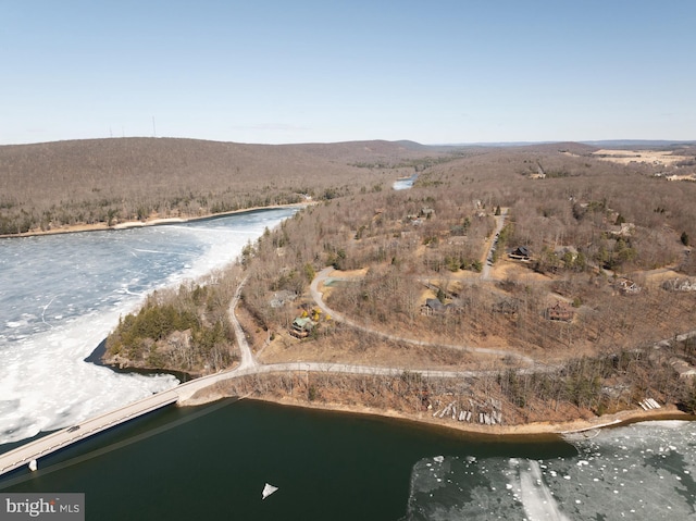 drone / aerial view with a water and mountain view