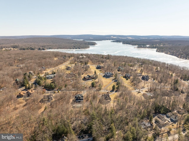 birds eye view of property featuring a wooded view and a water view