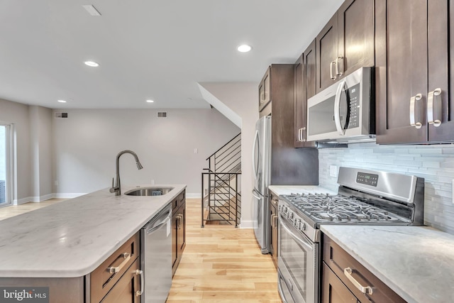 kitchen with sink, a kitchen island with sink, stainless steel appliances, light hardwood / wood-style floors, and backsplash