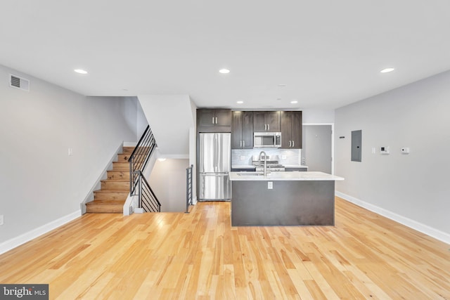 kitchen featuring appliances with stainless steel finishes, decorative backsplash, electric panel, dark brown cabinetry, and a center island with sink