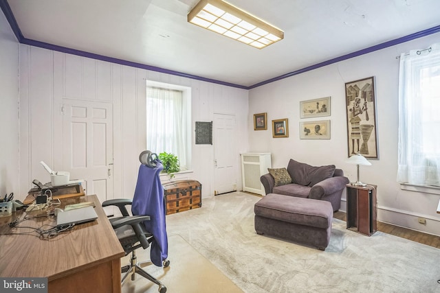 office area featuring light carpet and crown molding