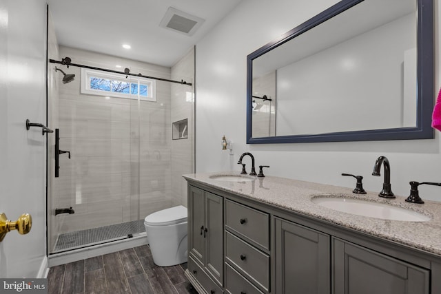 bathroom with vanity, toilet, and walk in shower