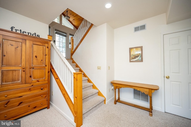 3084 Lake Shore Dr, Oakland, MD 21550 - staircase featuring recessed lighting, carpet, visible vents, and baseboards