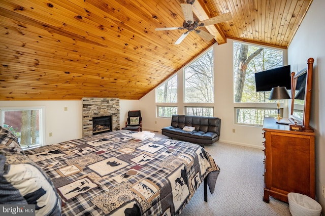 3084 Lake Shore Dr, Oakland, MD 21550 - bedroom with carpet, a stone fireplace, baseboards, wood ceiling, and lofted ceiling with beams