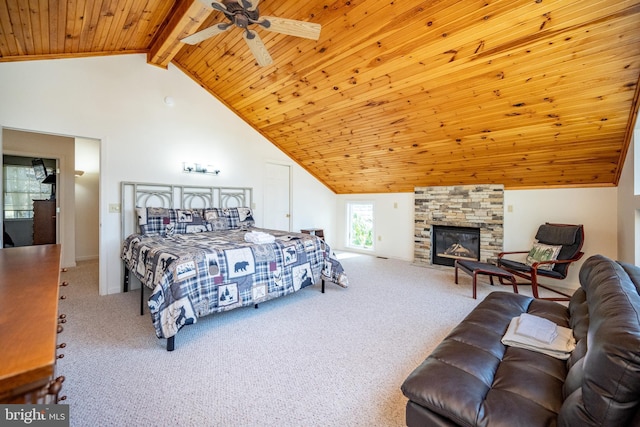 3084 Lake Shore Dr, Oakland, MD 21550 - bedroom featuring high vaulted ceiling, a fireplace, wooden ceiling, carpet flooring, and beam ceiling