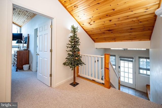 3084 Lake Shore Dr, Oakland, MD 21550 - hallway featuring wood ceiling, lofted ceiling, a healthy amount of sunlight, and baseboards