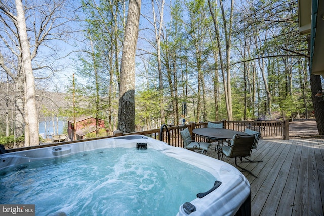 3084 Lake Shore Dr, Oakland, MD 21550 - wooden deck featuring outdoor dining area and a hot tub