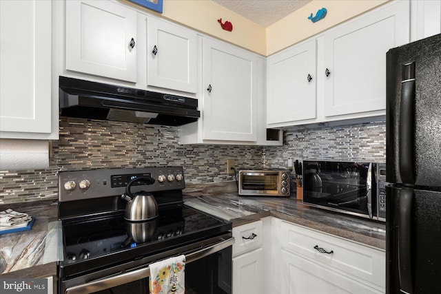 kitchen with decorative backsplash, black appliances, white cabinets, and a textured ceiling