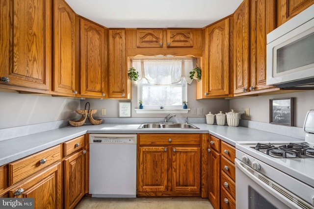 kitchen featuring brown cabinetry, white appliances, light countertops, and a sink