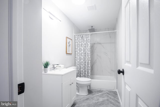 full bathroom with toilet, vanity, visible vents, and a combined bath / shower with rainfall shower