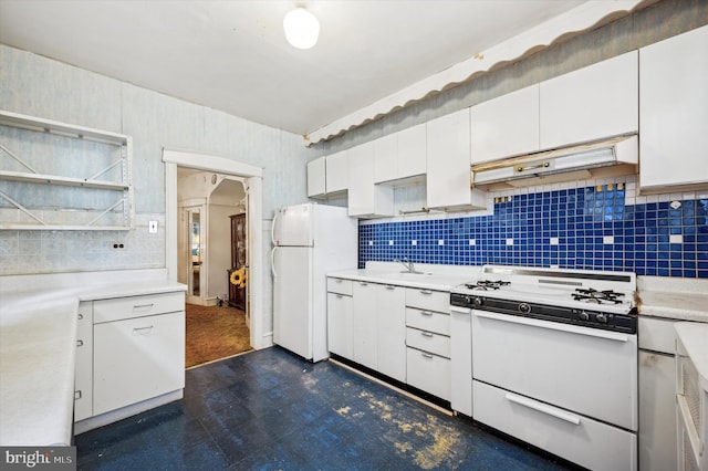 kitchen with white cabinetry, white appliances, and decorative backsplash