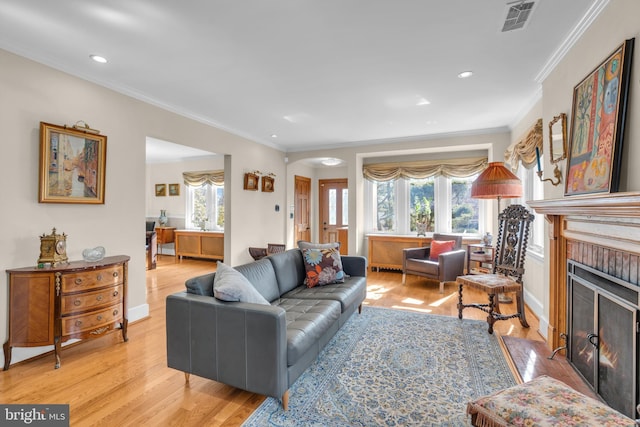 living room featuring ornamental molding, light wood-type flooring, and a healthy amount of sunlight