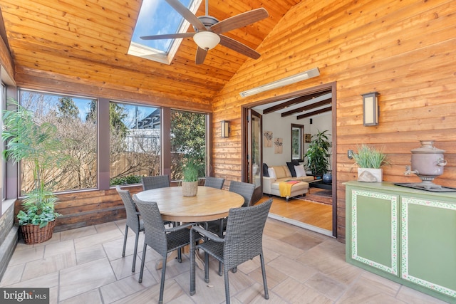 dining room with ceiling fan, a skylight, wood walls, and plenty of natural light