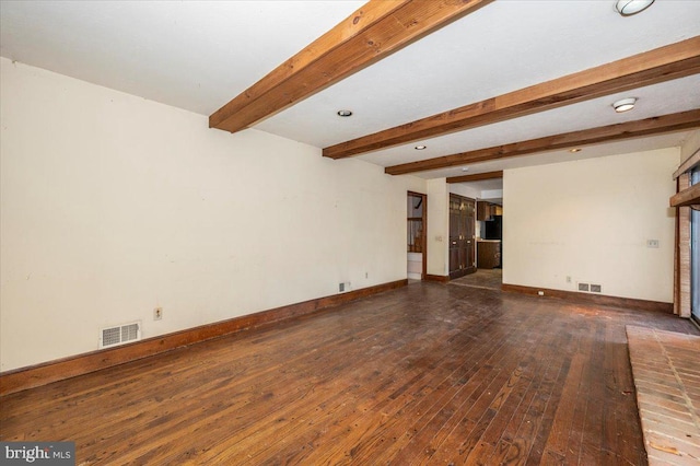 unfurnished living room with visible vents, beamed ceiling, baseboards, and hardwood / wood-style floors