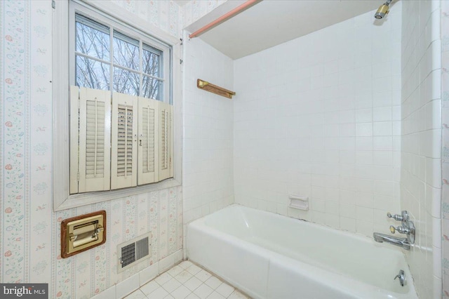 full bath with visible vents, shower / tub combination, tile patterned flooring, and wallpapered walls