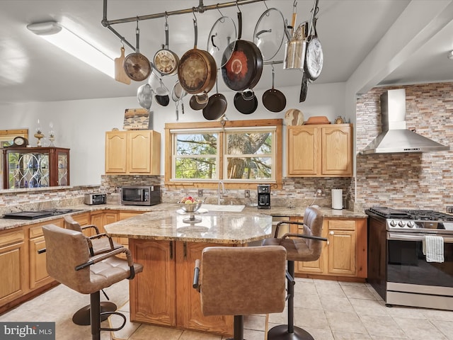 3137 18th St NE, Washington, DC 20018 - kitchen featuring tasteful backsplash, light stone counters, stainless steel appliances, a sink, and wall chimney exhaust hood