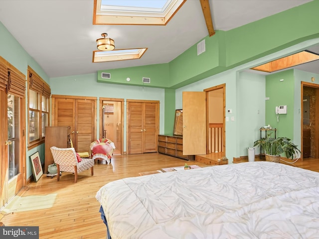 3137 18th St NE, Washington, DC 20018 - bedroom with lofted ceiling with skylight, wood finished floors, multiple closets, and visible vents