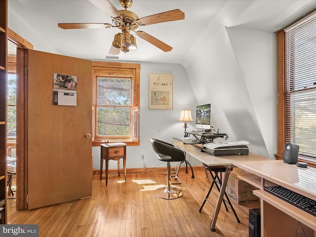 3137 18th St NE, Washington, DC 20018 - office space with hardwood / wood-style floors, a ceiling fan, visible vents, and vaulted ceiling
