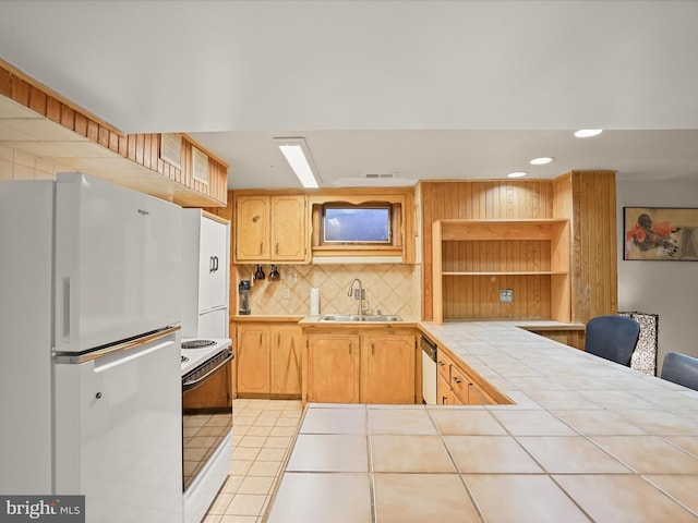 3137 18th St NE, Washington, DC 20018 - kitchen featuring a sink, visible vents, backsplash, tile countertops, and white appliances
