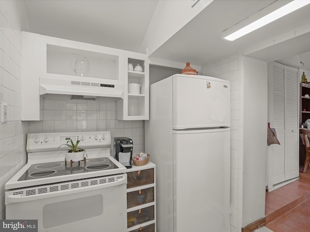 3137 18th St NE, Washington, DC 20018 - kitchen with open shelves, light countertops, under cabinet range hood, white appliances, and backsplash