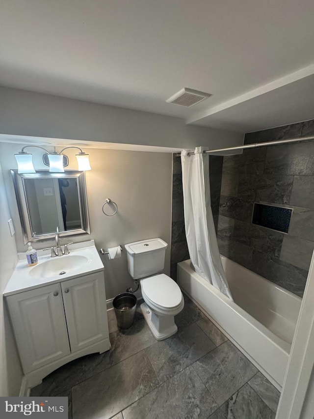 full bathroom with toilet, vanity, shower / bath combination with curtain, and visible vents