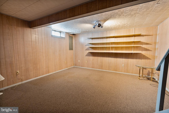 basement featuring wooden walls, electric panel, and carpet flooring