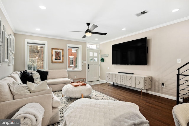 living room with ornamental molding, dark wood-type flooring, and ceiling fan