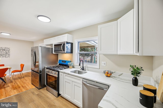 kitchen with appliances with stainless steel finishes, light hardwood / wood-style floors, sink, and white cabinets