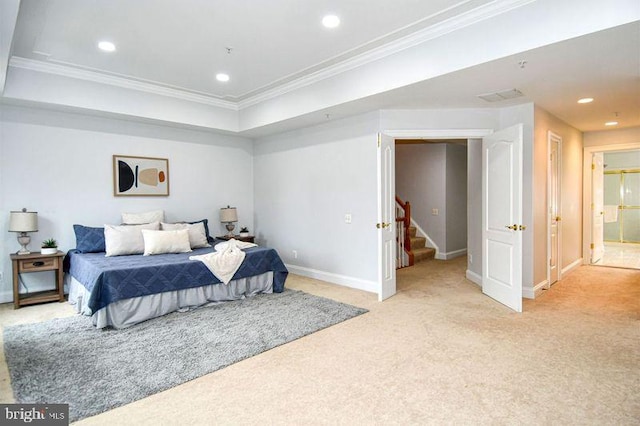 bedroom with light carpet, recessed lighting, baseboards, and ornamental molding