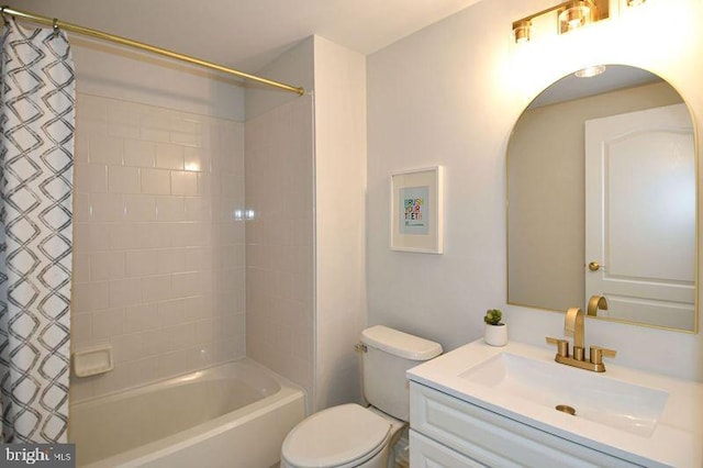 bathroom featuring toilet, vanity, and shower / bathtub combination with curtain