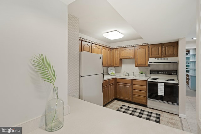 kitchen featuring a sink, exhaust hood, light countertops, freestanding refrigerator, and electric range oven