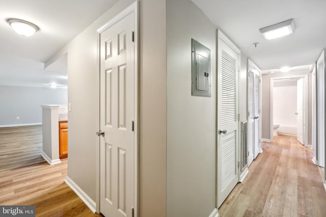 corridor with electric panel and light wood-type flooring