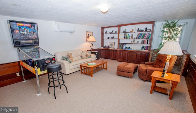 living room featuring a wall unit AC and light colored carpet