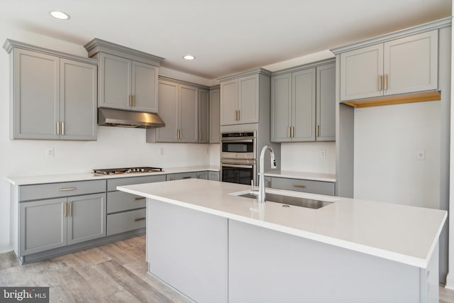 kitchen with sink, a center island with sink, and gray cabinetry